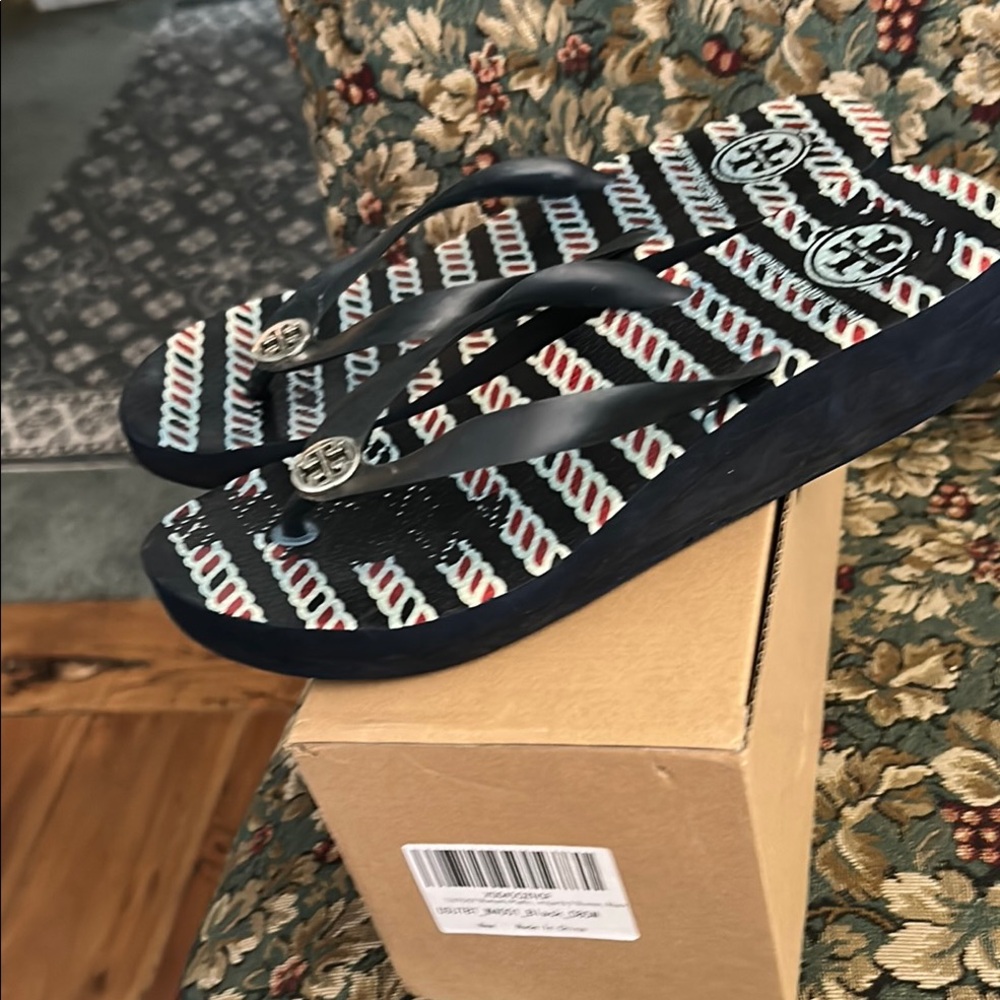 Navy Striped Flip Flops with Logo - Picture 4 of 5